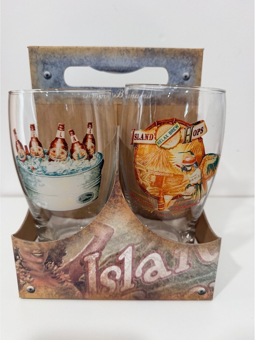Tommy Bahama Island Brew pint glasses set of 4 with caddy